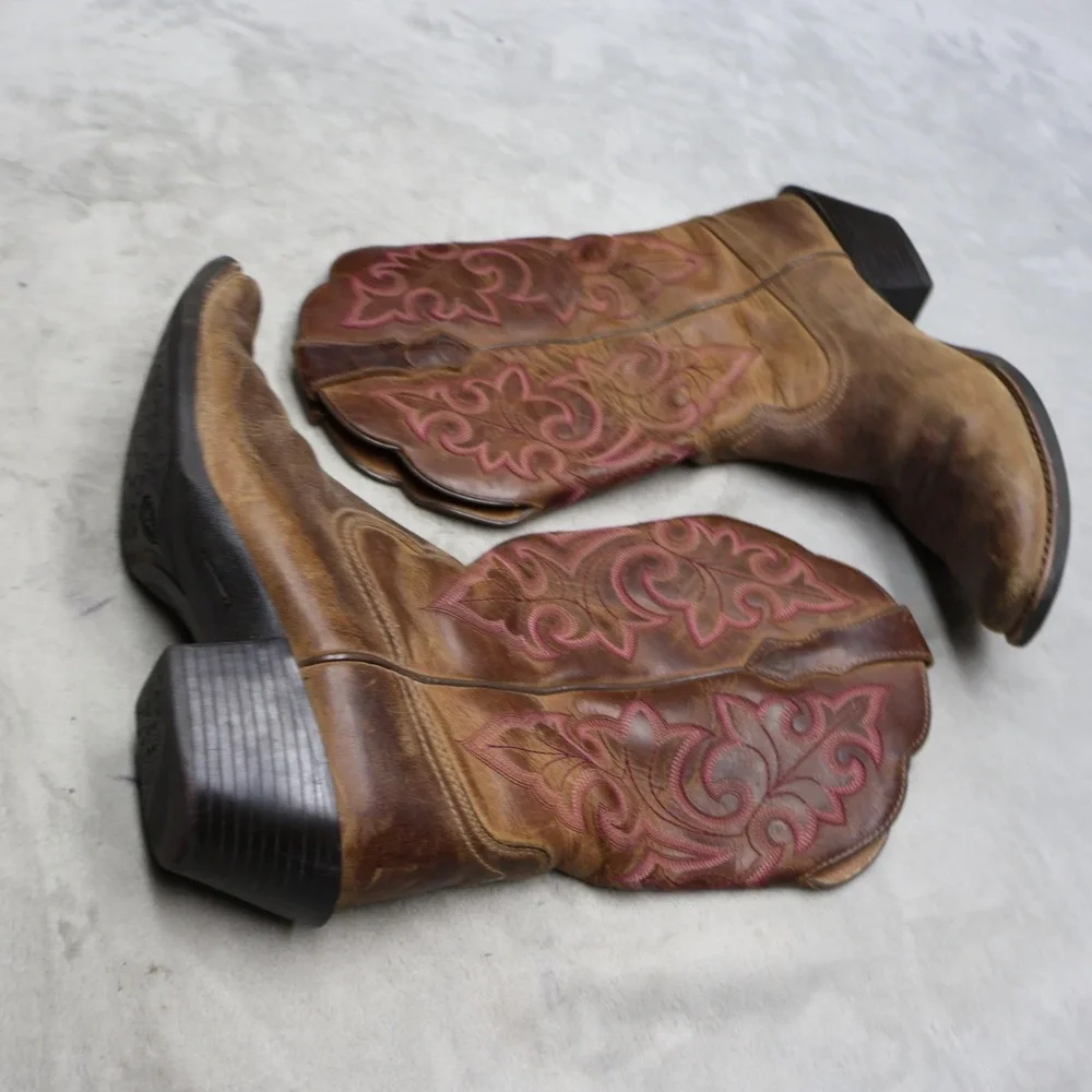 Ariat Women 7.5B Cowboy Boots Brown Leather Round Up Square Toe Western 10014172